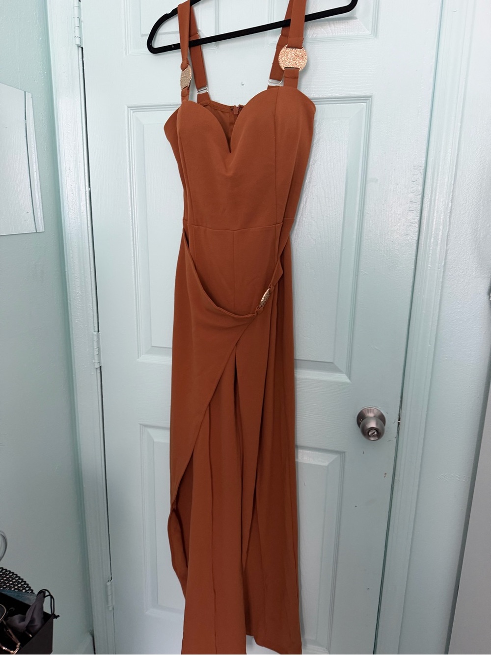 Rust-Tone Strap Jumpsuit with Draped Skirt Detail